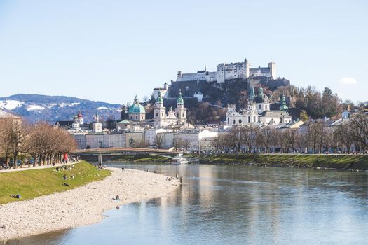 Idyllic panoramic city landscape of Salzburg in spring