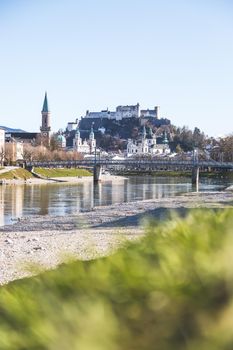 Idyllic panoramic city landscape of Salzburg in spring