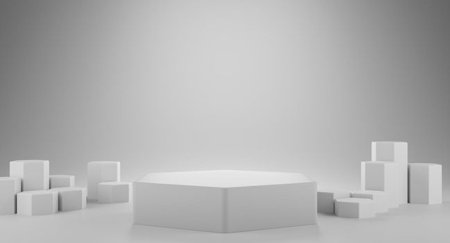 White podium, pedestal and white backdrop showcase, product presentation. 3D Rendering.