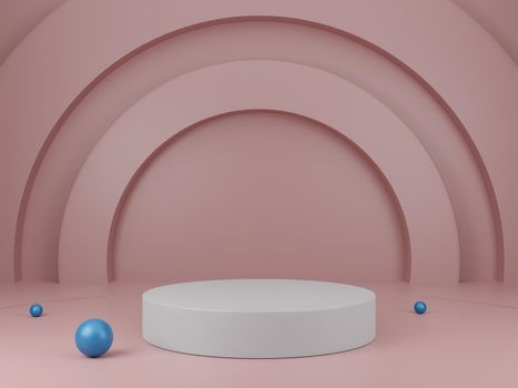 White podium, round pedestal and blue ball decoration over pink backdrop showcase, product presentation. 3D Rendering.