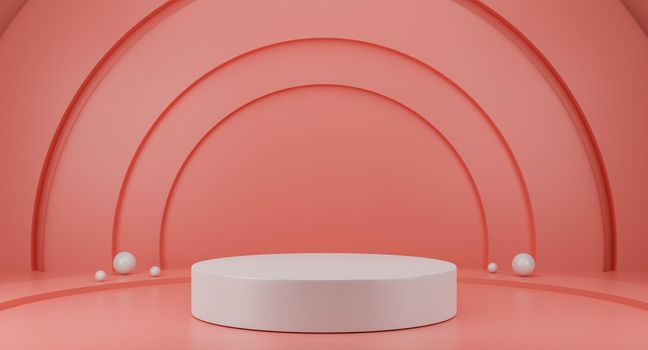 White podium, round pedestal and pink backdrop showcase, product presentation. 3D Rendering.