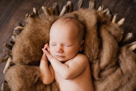 An infant sleeping with her hands under her cheeks at a newborn photoshoot. High quality photo