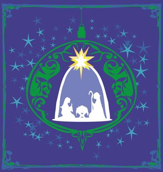 Christian Christmas nativity scene of baby Jesus in transparent ball hanging on abstract background