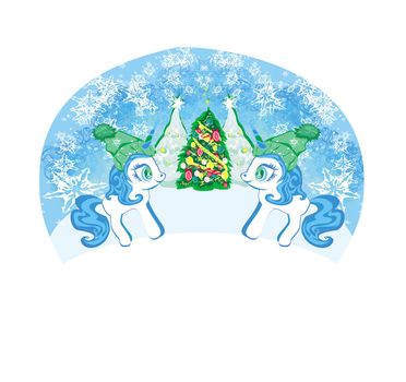 illustration of unicorns with christmas tree - banner