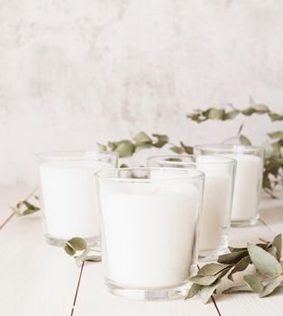 Home decoration and interior. Beautiful white burning candles with eucalyptus leaves on white wooden background