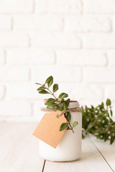 Home decoration and interior. Beautiful white candle with fresh green leaves on white wooden background