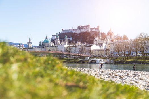 Idyllic panoramic city landscape of Salzburg in spring