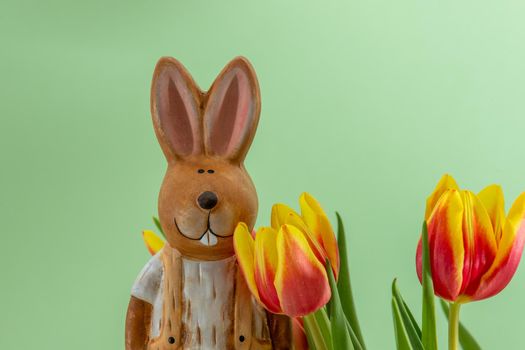 Easter bunny and bouquet with yellow red tulips against a light green background