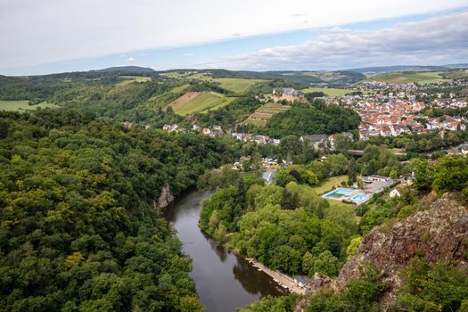 Scenic view from Rheingrafenstein at landscape with river nahe and Bad Muenster am Stein