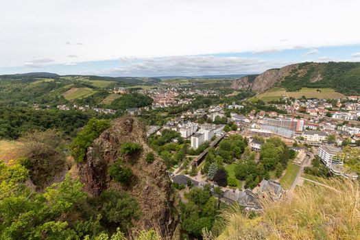 Scenic view from Rheingrafenstein at city Bad Muenster am Stein-Ebernburg with castle Ebernburg