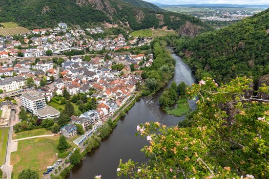 Scenic view from Rheingrafenstein at landscape with river nahe and Bad Muenster am Stein