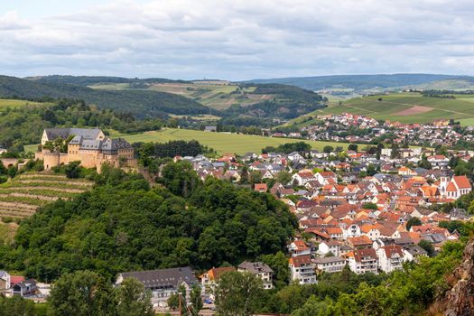 Scenic view from Rheingrafenstein at city Bad Muenster am Stein-Ebernburg with castle Ebernburg