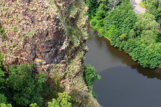 Scenic view from Rheingrafenstein at landscape with rock and defocused river nahe in background