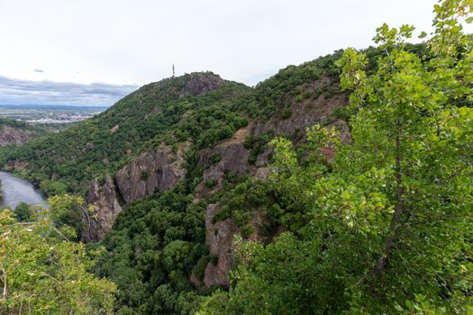 Scenic view from Rheingrafenstein at landscape with rock and defocused river nahe in background