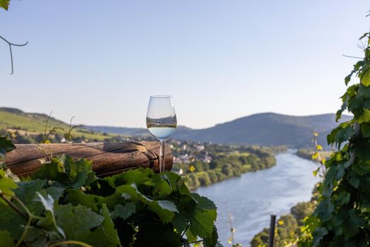 Filled wine glass next to wooden beam and valley of river Moselle in background