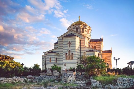 Sevastopol, Crimea. Vladimir Cathedral in Chersonesos - the Orthodox Church of the Moscow Patriarchate on the territory of Tauric Chersonesos