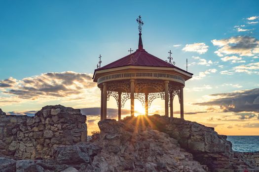 Sevastopol, Crimea. Beautiful landscape with sunset and Royal gazebo on the background of the sea landscape.