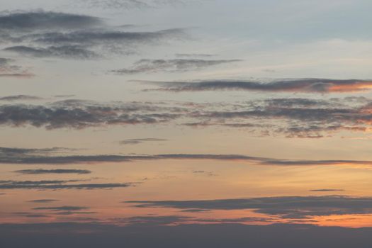 Scenic Colorful Sky At Sunset. Light blue clouds and orange on background, The softness of the cloud creates a feeling of relaxation. Copy space. No focus, specifically.