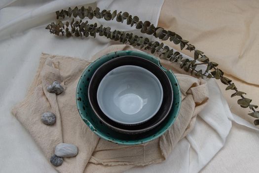 Set of Ceramics bowl with Dried flowers on Calico. Beautiful arrangement.