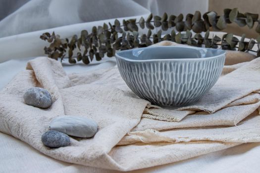 Ceramics bowl with Dried flowers on Calico. Beautiful arrangement.