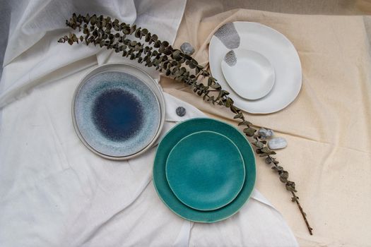 Set of Ceramics plates with Dried flowers on Calico. Beautiful arrangement.