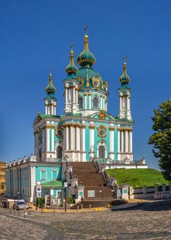 Kyiv, Ukraine 07.11.2020. The St. Andrew Church and The Andriyivskyy Descent in Kyiv, Ukraine, on a sunny summer day