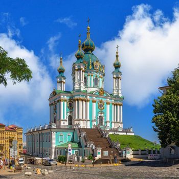 Kyiv, Ukraine 07.11.2020. The St. Andrew Church and The Andriyivskyy Descent in Kyiv, Ukraine, on a sunny summer day