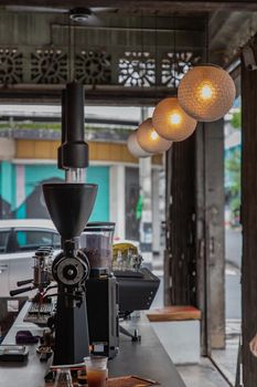 Coffee machine in cafe shop. Vintage color tone. No focus, specifically.
