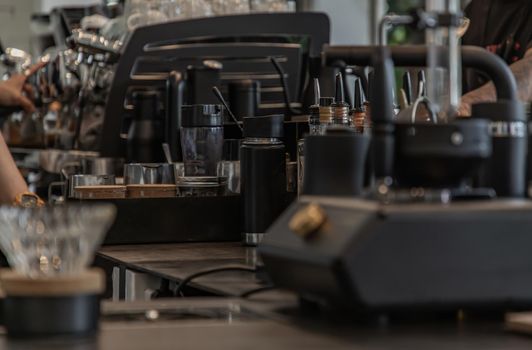 Coffee machine in cafe shop. Vintage color tone. No focus, specifically.