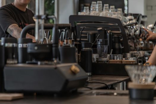 Chiangmai, Thailand - Sep 08, 2020 :  Coffee machine in cafe shop. Vintage color tone. No focus, specifically.