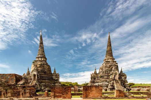 World Heritage Site at Wat Phra Si Sanphet. Ancient city and historical place at Ayutthaya, Thailand, The Ruin of temple. Selective focus.