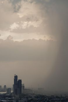 Bangkok, thailand - Nov 23, 2020 : View of Bangkok with city skyscrapers covered in a dense smog before a rain. Focus and blur.