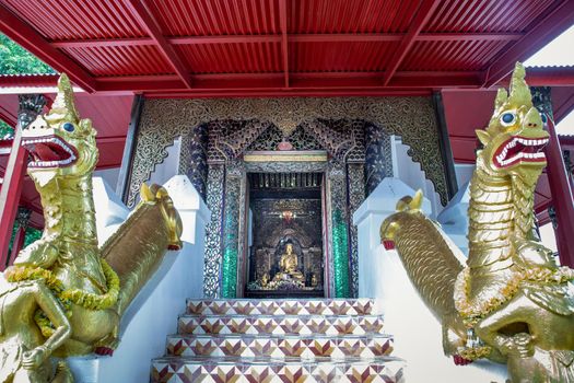 Lampang, Thailand - Sep 04, 2019 : The buddha image within Sri Chum Temple Is an old Burmese style architecture. Selective focus.