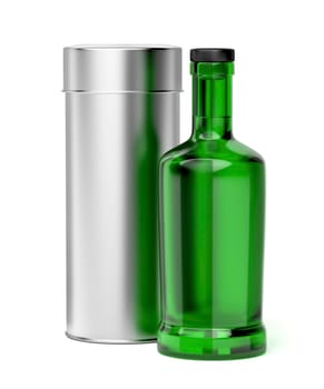 Green glass bottle for alcoholic beverage and metal box on white background