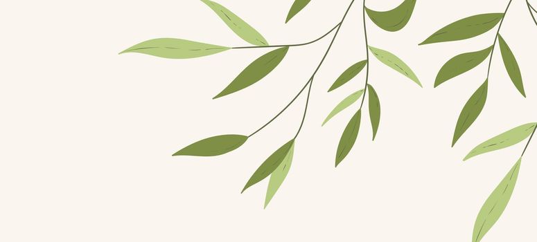 Floral web banner with drawn color exotic leaves. Nature concept design. Modern floral compositions with summer branches. Vector illustration on the theme of ecology, natura, environment.
