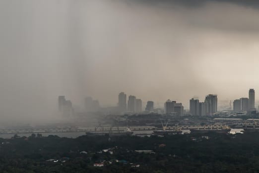 Bangkok, thailand - Oct 03, 2020 : PM 2.5 or Heavy smog was covered the Bangkok building the morning.There are air pollution under heavy cloud. Focus and blur.