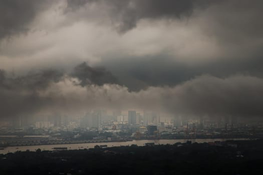 Bangkok, thailand - Oct 16, 2020 : PM 2.5 or Heavy smog was covered the Bangkok building the morning.There are air pollution under heavy cloud. Focus and blur.