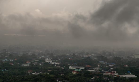 Bangkok, thailand - Oct 16, 2020 : PM 2.5 or Heavy smog was covered the Bangkok building the morning.There are air pollution under heavy cloud. Focus and blur.