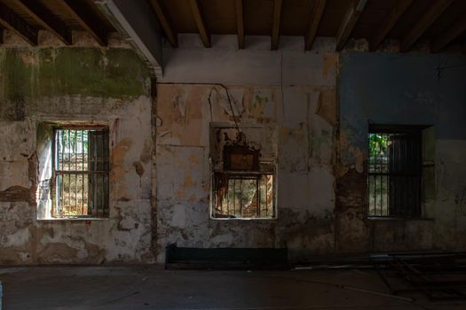 Bangkok, Thailand - Feb 2, 2020 : Abandoned buildings : Within the old customs house Or Old bang rak fire station. One of more than 120 years old architecture. Old buildings, Selective focus.