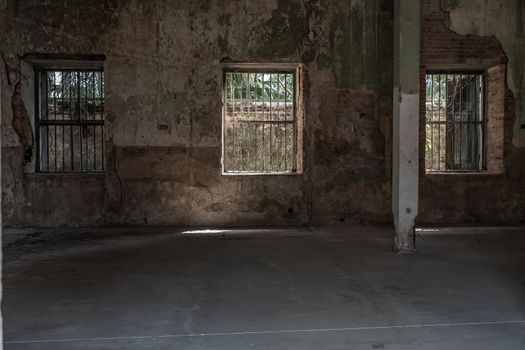 Bangkok, Thailand - Feb 2, 2020 : Abandoned buildings : Within the old customs house Or Old bang rak fire station. One of more than 120 years old architecture. Old buildings, Selective focus.