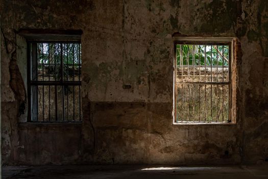Bangkok, Thailand - Feb 2, 2020 : Abandoned buildings : Within the old customs house Or Old bang rak fire station. One of more than 120 years old architecture. Old buildings, Selective focus.