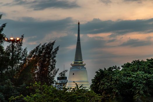Bangkok, Thailand - 25 Jan 2020 : The main big white pagoda at evening of sunset that is a landmark of Wat Prayurawongsawas Warawihan.
