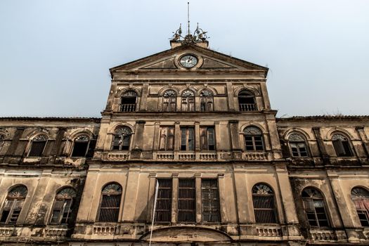 Bangkok, Thailand - Feb 2, 2020 : The old customs house Or Old bang rak fire station. One of more than 120 years old architecture, another tourist attraction in Thailand That people like to take pictures. Old buildings.
