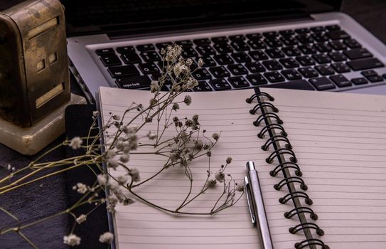 Open empty blank notebook organizer with pen for planning work on laptop, Concept for business. Planning or diary. Great for any use. Oblique view from the top