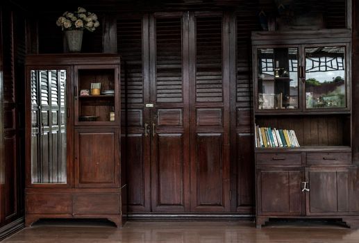 Bangkok, Thailand - 15 Dec 2019 : Interior inside of Vintage thai house, wood antique house Thai Style architecture, traditional thai house.