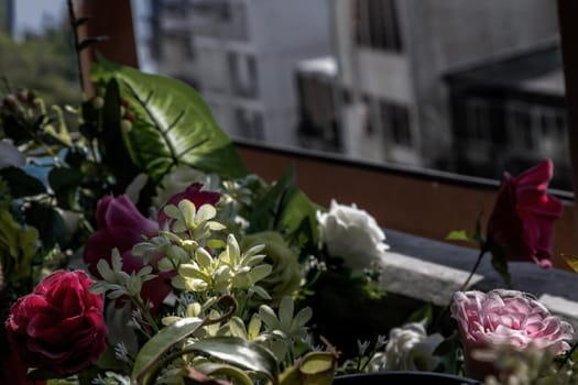 Flower pot filled with Flowers planted on a sunny balcony, flower background. No focus, specifically.