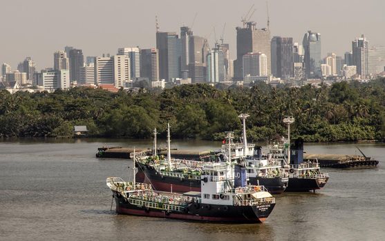 Bangkok, Thailand - 04 Jan 2020 : Two cargo ship parked in the middle of the river and in front of a green tree by the Chao Phraya River.