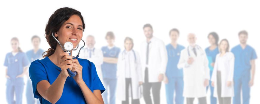 Healthcare and medical concept - group of doctors isolated on white background, woman withc stethoscope pointing to you