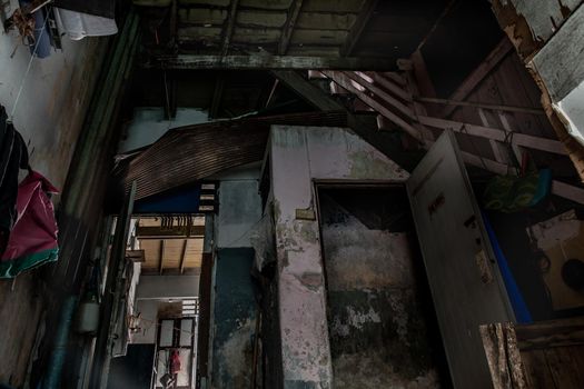 Bangkok, Thailand - Jan 19, 2020 : Abandoned house interior to deteriorate over time, Abandoned house, Destroyed house, Ruined house.