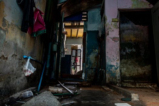 Bangkok, Thailand - Jan 19, 2020 : Abandoned house interior to deteriorate over time, Abandoned house, Destroyed house, Ruined house.